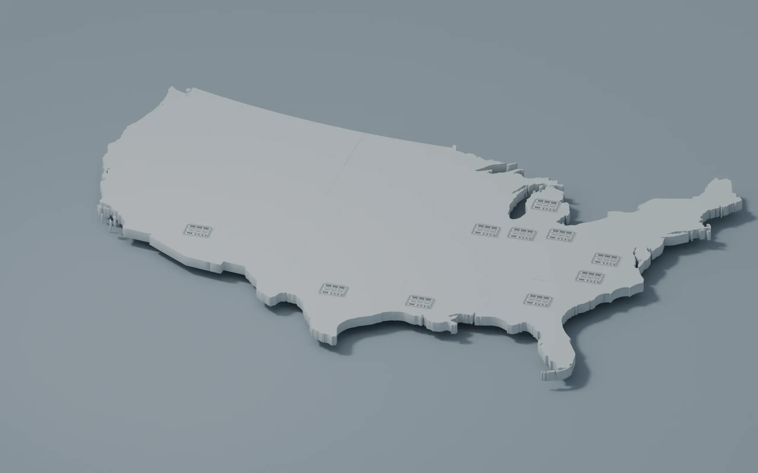 Ten AI campuses on a raised three dimensional map of the United States