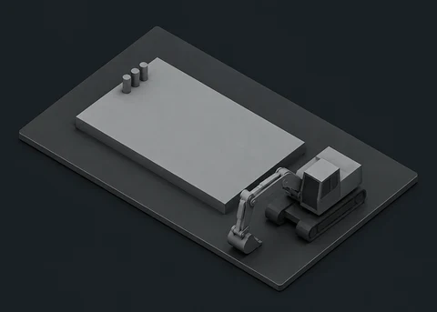 Site preparation concept: an empty foundation pad, conduit stubs and a small excavator.