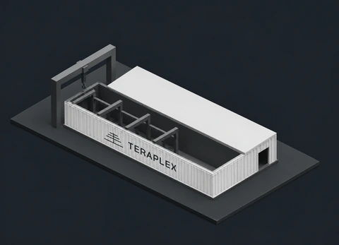 Factory assembly concept: one enclosure with its roof partly open beneath a gantry.