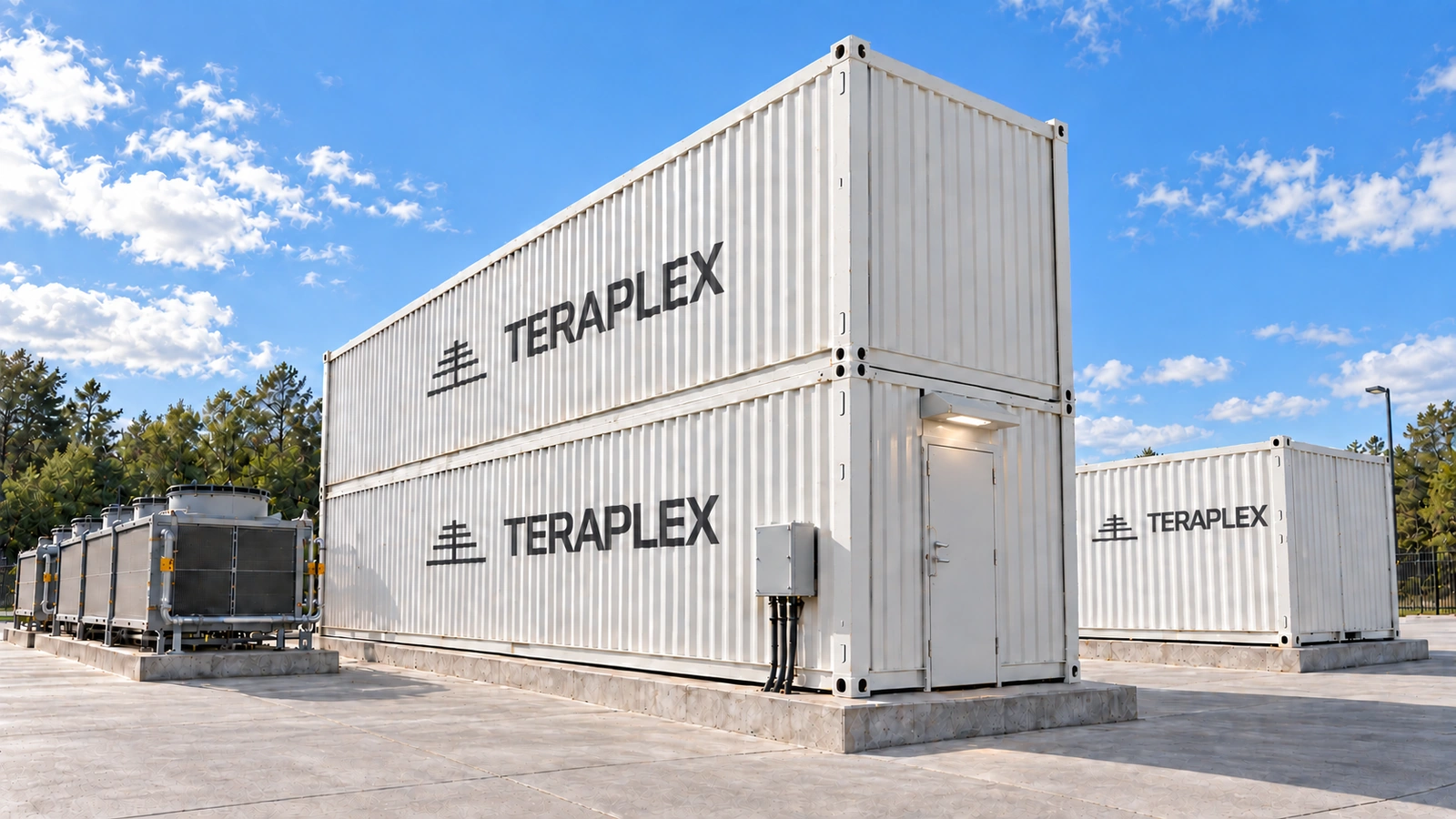 Concept visualization of a Teraplex Alpha cluster in clear daylight: two containers stacked vertically, one standalone container running parallel as the UPS enclosure and grouped cooling, with matching painted branding.