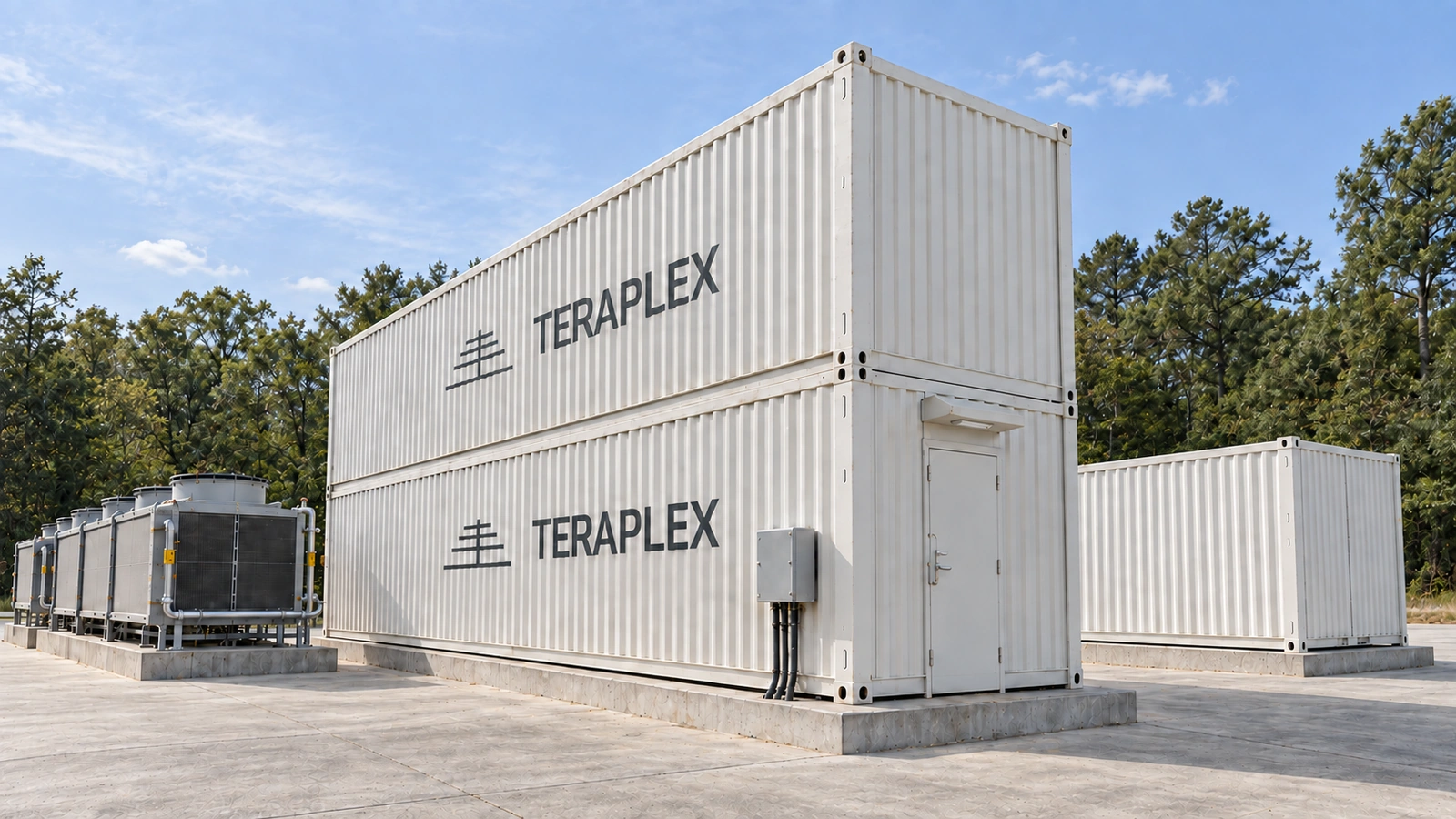 Architectural concept of two stacked compute enclosures with a separate UPS enclosure and grouped cooling in clear daylight.