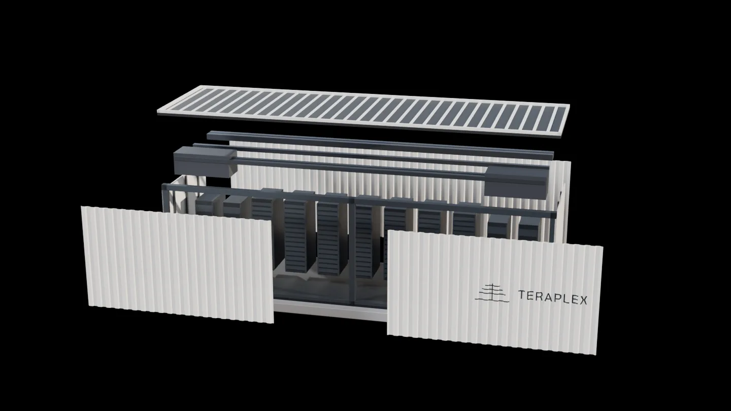 Exploded architectural concept of an IT enclosure, showing rack bays, overhead services and removable cladding.
