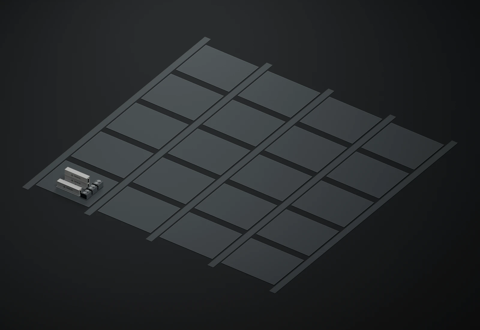 1 illustrative clusters on a reserved campus plan, each with two stacked compute enclosures, a separate parallel UPS enclosure and external cooling.