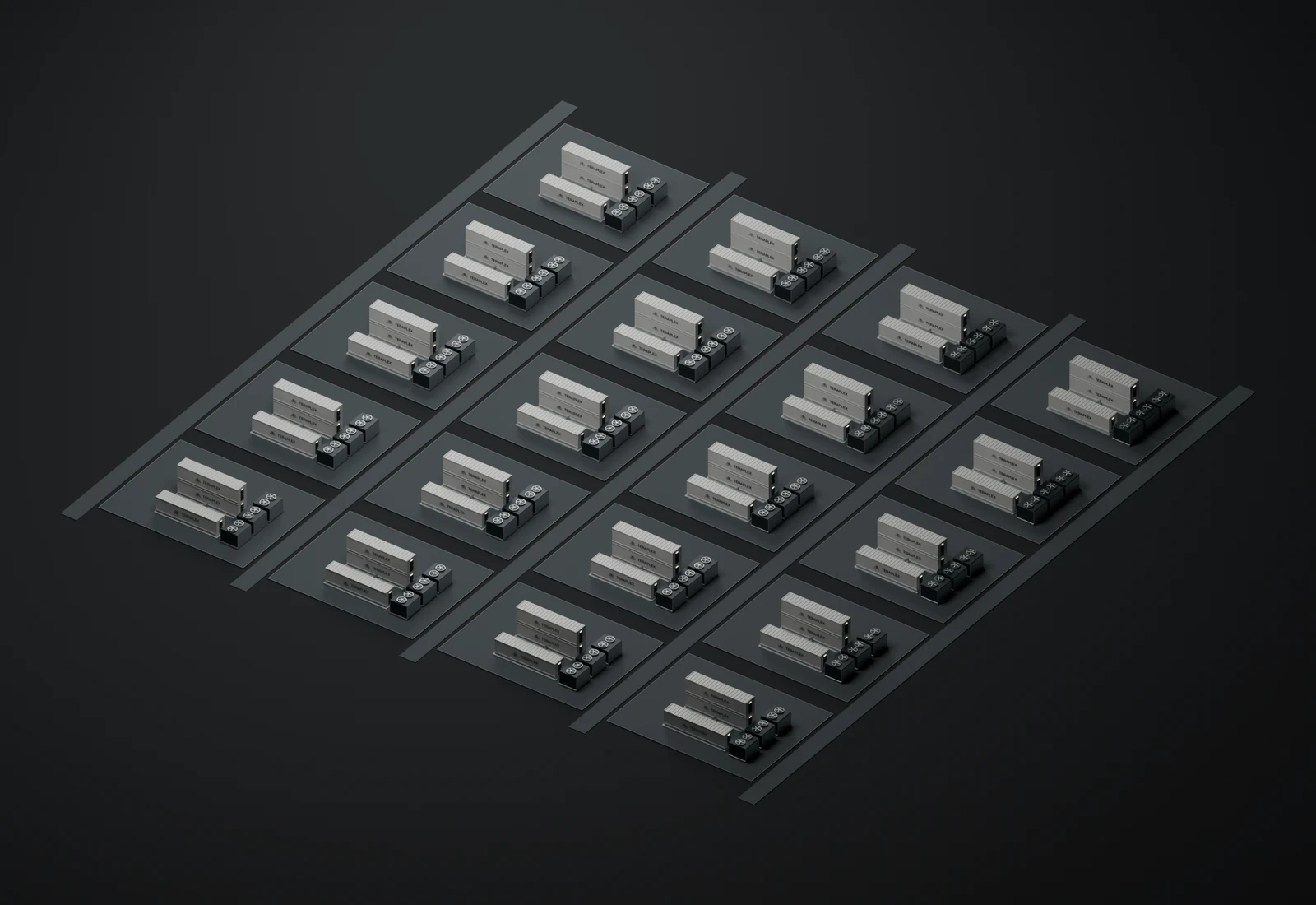 20 illustrative clusters on a reserved campus plan, each with two stacked compute enclosures, a separate parallel UPS enclosure and external cooling.
