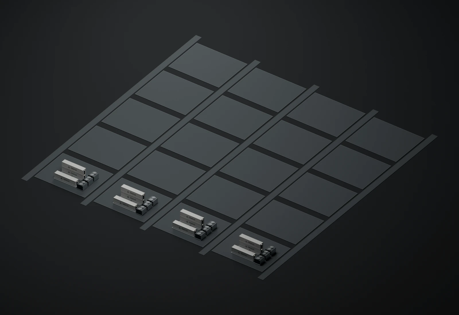 4 illustrative clusters on a reserved campus plan, each with two stacked compute enclosures, a separate parallel UPS enclosure and external cooling.