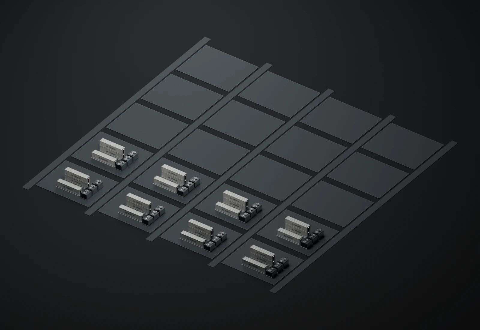 8 illustrative clusters on a reserved campus plan, each with two stacked compute enclosures, a separate parallel UPS enclosure and external cooling.