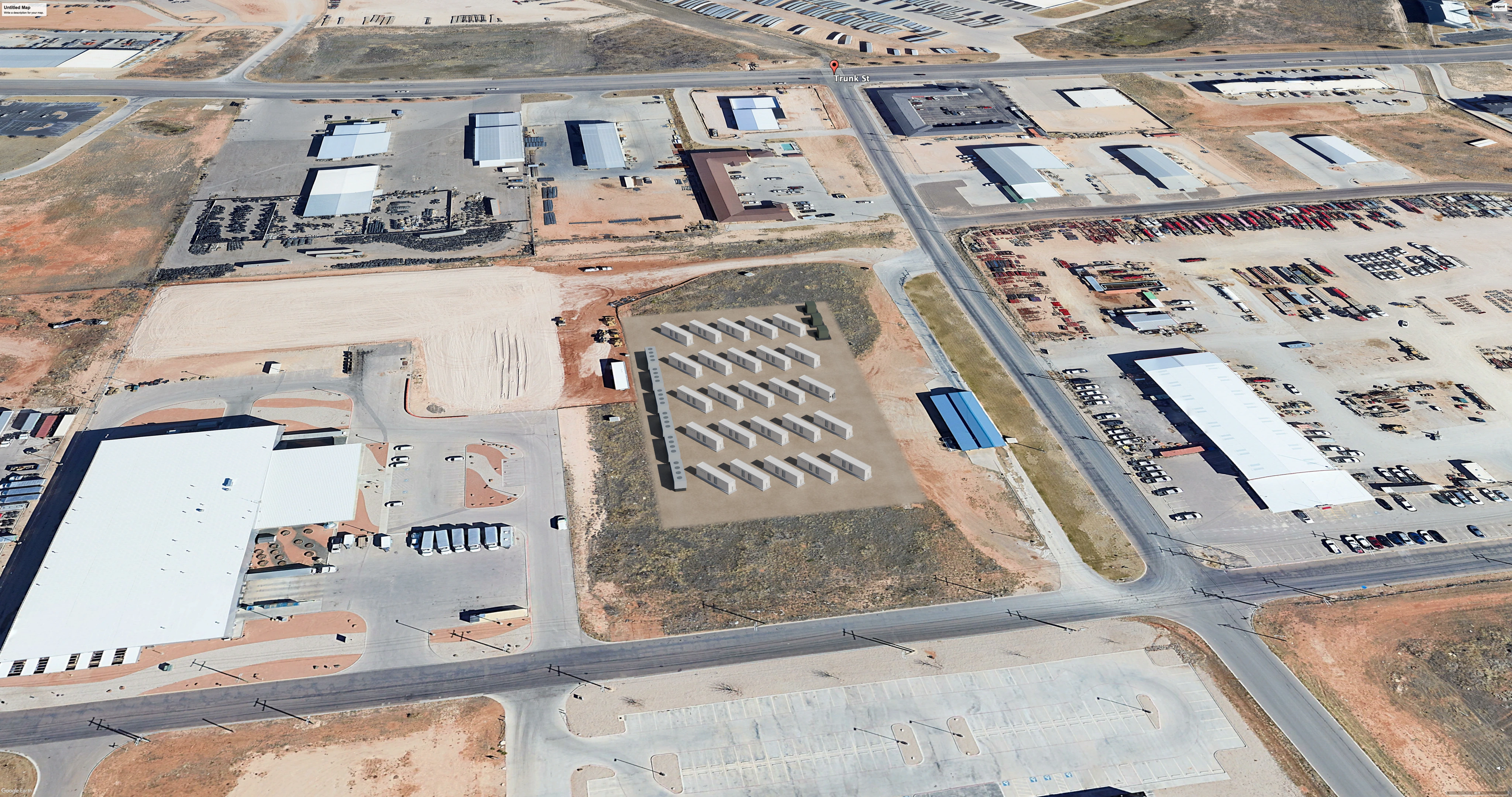 Illustrative site layout showing modular compute, cooling and electrical equipment in an industrial setting.